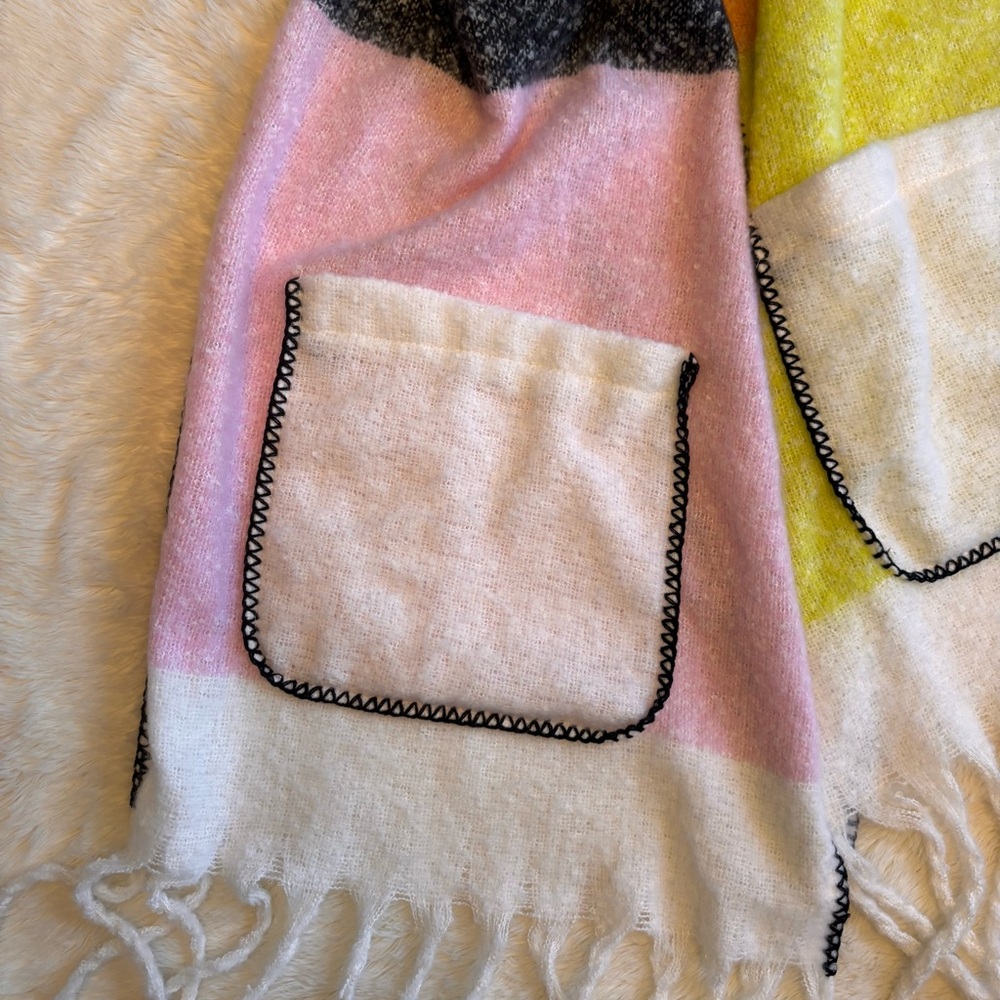 Colorblock Pocket Fringe Scarf - Pink, Orange, Yellow - Picture 3 of 6